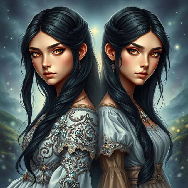 A captivating book cover for a fantasy story featuring two maidens with identical faces, one being a duke's daughter and the other a commoner