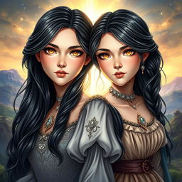 A captivating book cover for a fantasy story featuring two maidens with identical faces, one being a duke's daughter and the other a commoner