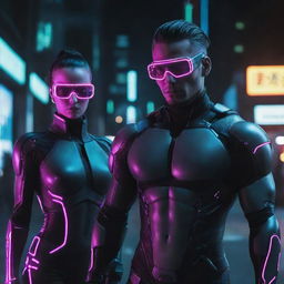 Cyberpunk superheroes in neon-drenched, futuristic attire. High-tech implants, digital interfaces, and neon glowing lines define their look. Their powers manifest through advanced cybernetics, hacking, and networking abilities, reflecting the dystopian high-tech, low-life world.