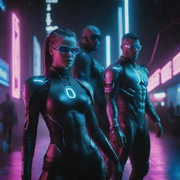 Cyberpunk superheroes in neon-drenched, futuristic attire. High-tech implants, digital interfaces, and neon glowing lines define their look. Their powers manifest through advanced cybernetics, hacking, and networking abilities, reflecting the dystopian high-tech, low-life world.