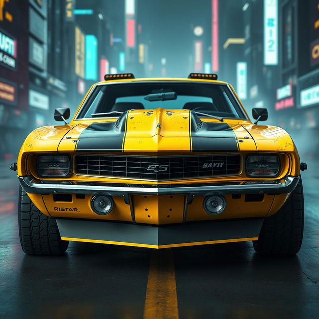 A yellow 1969 Chevy Camaro with a battle-worn look, featuring black accents and cyberpunk aesthetics