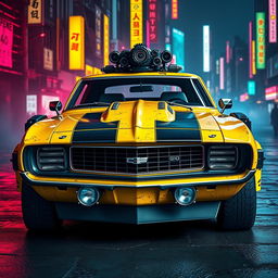 A yellow 1969 Chevy Camaro with a battle-worn look, featuring black accents and cyberpunk aesthetics