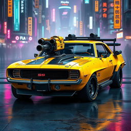 A yellow 1969 Chevy Camaro with a battle-worn look, featuring black accents and cyberpunk aesthetics