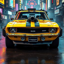 A yellow 1969 Chevy Camaro with a battle-worn look, featuring black accents and cyberpunk aesthetics