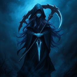 A mysterious and menacing reaper girl standing in a dark, ethereal landscape, holding a gleaming sickle behind her
