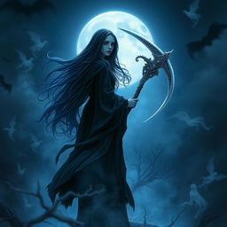 A mysterious and menacing reaper girl standing in a dark, ethereal landscape, holding a gleaming sickle behind her