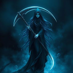 A mysterious and menacing reaper girl standing in a dark, ethereal landscape, holding a gleaming sickle behind her