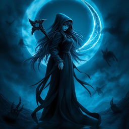 A mysterious and menacing reaper girl standing in a dark, ethereal landscape, holding a gleaming sickle behind her