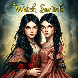 A captivating fantasy book cover for 'Witch Switch', showcasing two maidens with identical faces