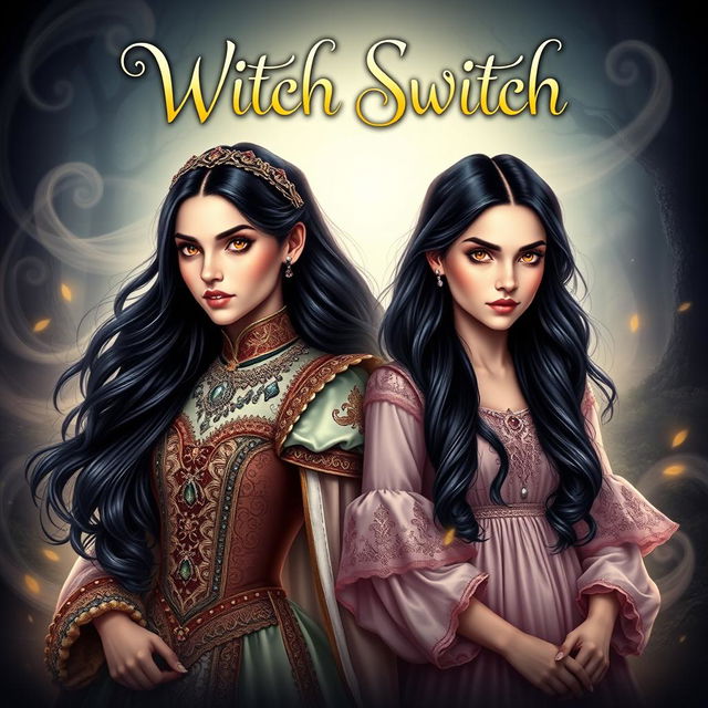 A captivating fantasy book cover for 'Witch Switch', showcasing two maidens with identical faces