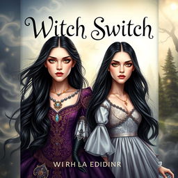 A captivating fantasy book cover for 'Witch Switch', showcasing two maidens with identical faces