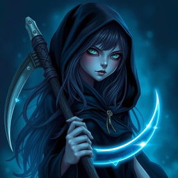 A sinister reaper girl with long flowing hair, holding a gleaming sickle behind her