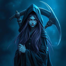 A sinister reaper girl with long flowing hair, holding a gleaming sickle behind her