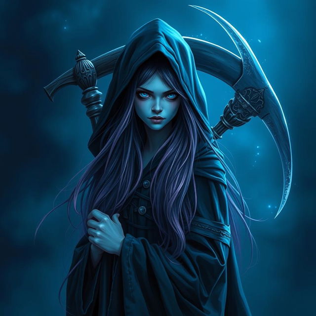 A sinister reaper girl with long flowing hair, holding a gleaming sickle behind her