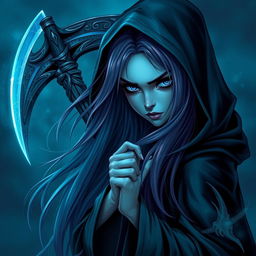 A sinister reaper girl with long flowing hair, holding a gleaming sickle behind her