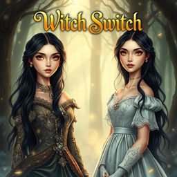 An enchanting fantasy book cover for 'Witch Switch', featuring two maidens with identical faces, both with long, flowing black hair and striking gold eyes