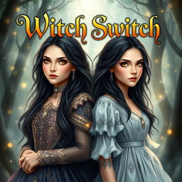 An enchanting fantasy book cover for 'Witch Switch', featuring two maidens with identical faces, both with long, flowing black hair and striking gold eyes