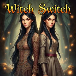 An enchanting fantasy book cover for 'Witch Switch', featuring two maidens with identical faces, both with long, flowing black hair and striking gold eyes