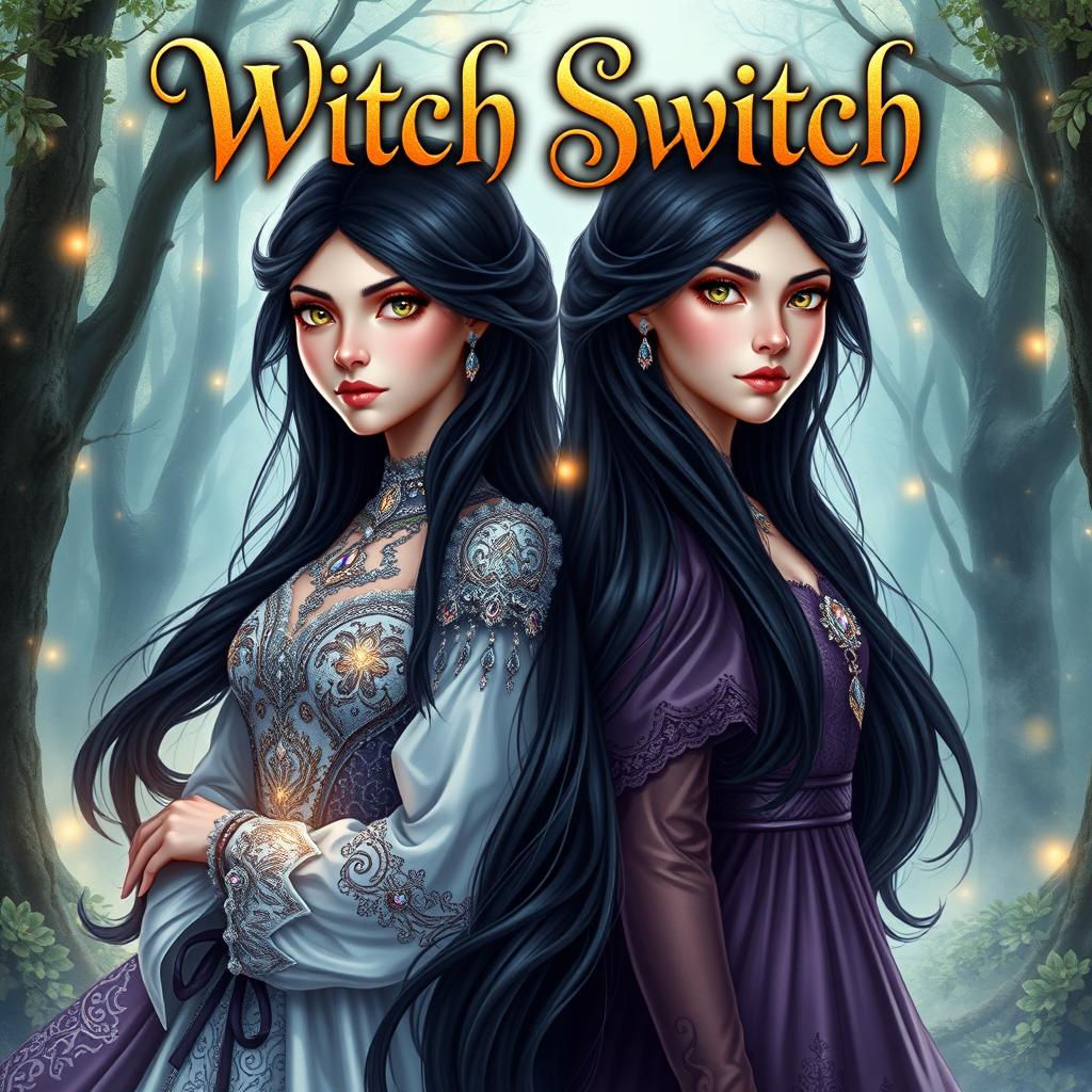 An enchanting fantasy book cover for 'Witch Switch', featuring two maidens with identical faces, both with long, flowing black hair and striking gold eyes