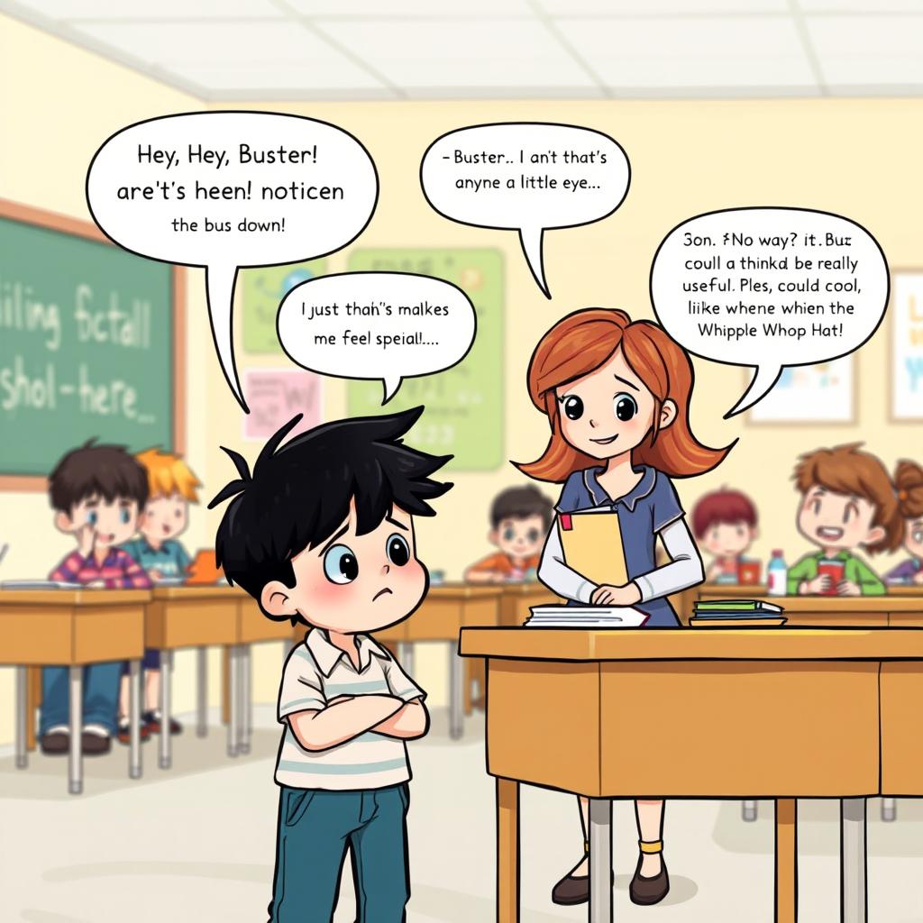 A heartfelt illustration set in a cheerful classroom where Buster, a young boy with dark hair and a unique popping-out eyeball, stands nervously by his desk with a concerned expression