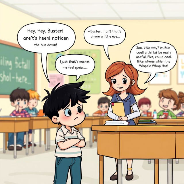 A heartfelt illustration set in a cheerful classroom where Buster, a young boy with dark hair and a unique popping-out eyeball, stands nervously by his desk with a concerned expression