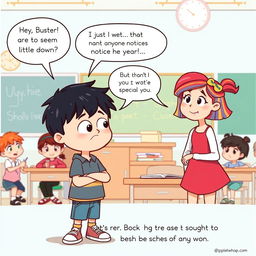 A heartfelt illustration set in a cheerful classroom where Buster, a young boy with dark hair and a unique popping-out eyeball, stands nervously by his desk with a concerned expression