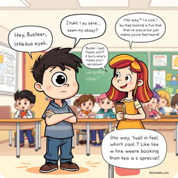 A heartfelt illustration set in a cheerful classroom where Buster, a young boy with dark hair and a unique popping-out eyeball, stands nervously by his desk with a concerned expression