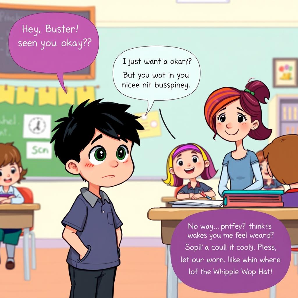 A heartfelt illustration set in a cheerful classroom where Buster, a young boy with dark hair and a unique popping-out eyeball, stands nervously by his desk with a concerned expression