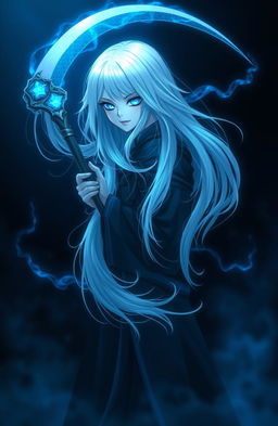 A sinister reaper girl with flowing white hair, holding a sharp sickle behind her