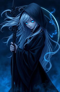 A sinister reaper girl with flowing white hair, holding a sharp sickle behind her