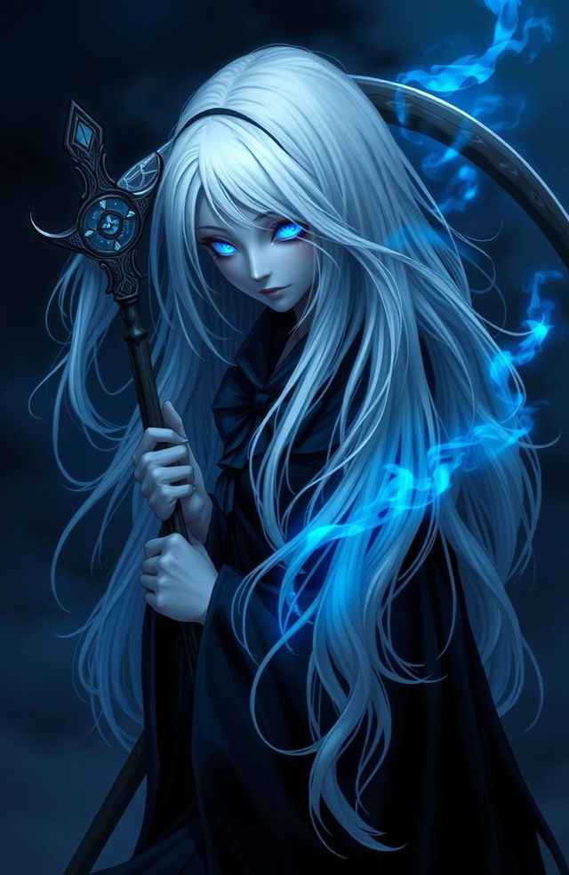 A sinister reaper girl with flowing white hair, holding a sharp sickle behind her