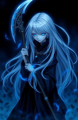 A sinister reaper girl with flowing white hair, holding a sharp sickle behind her