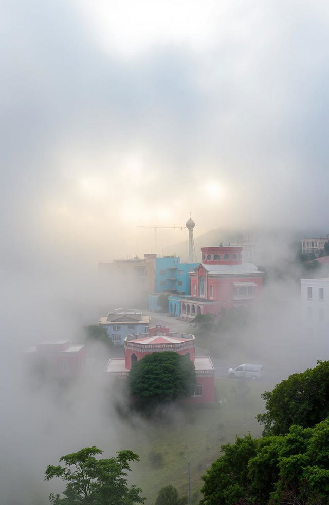 A stunning landscape view of Asmara, the capital city of Eritrea, enveloped in a mystical fog