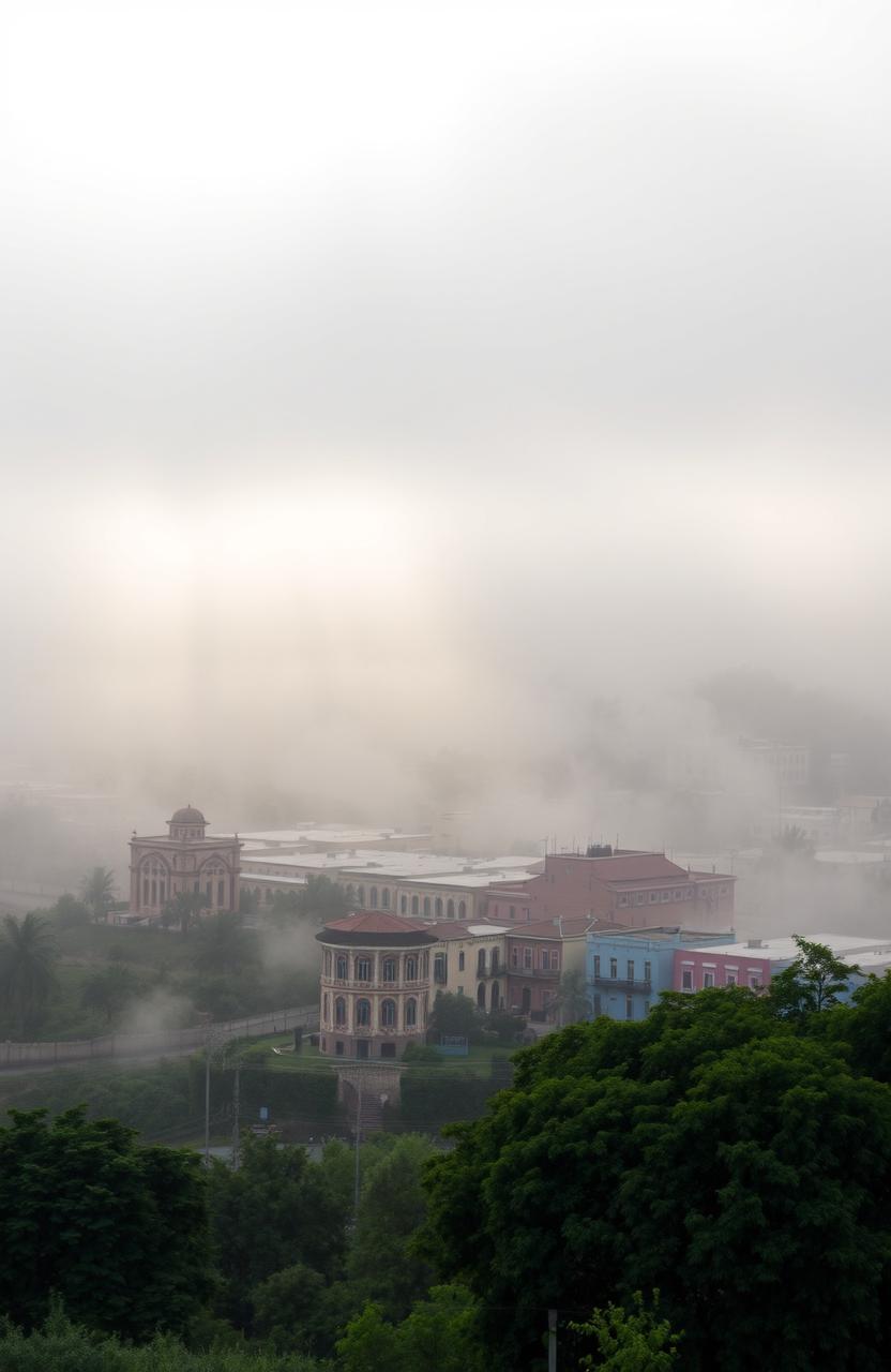 A stunning landscape view of Asmara, the capital city of Eritrea, enveloped in a mystical fog
