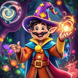 A colorful and whimsical portrait of Luchito the Mage, a lively character with a flamboyant outfit featuring vibrant robes, a starry cape, and a pointy hat adorned with magical symbols