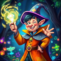 A colorful and whimsical portrait of Luchito the Mage, a lively character with a flamboyant outfit featuring vibrant robes, a starry cape, and a pointy hat adorned with magical symbols