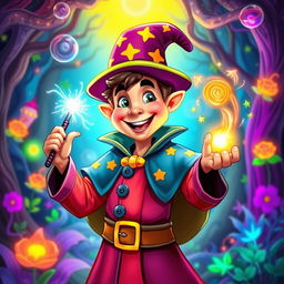 A colorful and whimsical portrait of Luchito the Mage, a lively character with a flamboyant outfit featuring vibrant robes, a starry cape, and a pointy hat adorned with magical symbols