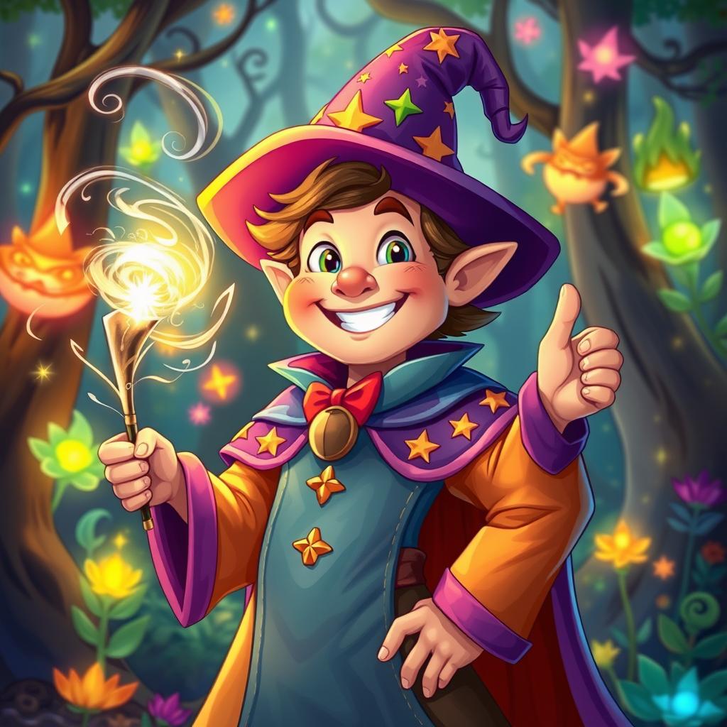 A colorful and whimsical portrait of Luchito the Mage, a lively character with a flamboyant outfit featuring vibrant robes, a starry cape, and a pointy hat adorned with magical symbols