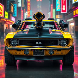 A yellow 1969 Chevy Camaro with a battle-worn appearance, featuring striking black accents and a heavy cyberpunk aesthetic