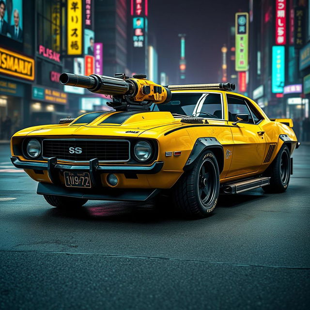 A yellow 1969 Chevy Camaro with a battle-worn appearance, featuring striking black accents and a heavy cyberpunk aesthetic