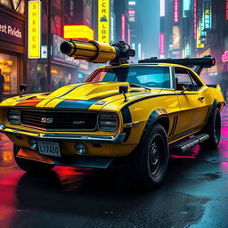 A yellow 1969 Chevy Camaro with a battle-worn appearance, featuring striking black accents and a heavy cyberpunk aesthetic