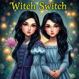 A vibrant and engaging YA fantasy book cover for 'Witch Switch', featuring two maidens with identical faces