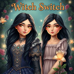 A vibrant and engaging YA fantasy book cover for 'Witch Switch', featuring two maidens with identical faces