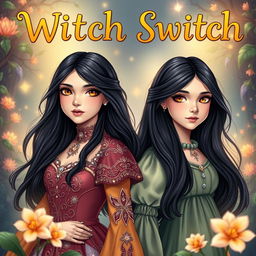 A vibrant and engaging YA fantasy book cover for 'Witch Switch', featuring two maidens with identical faces