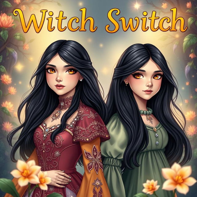 A vibrant and engaging YA fantasy book cover for 'Witch Switch', featuring two maidens with identical faces