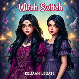 A vibrant and engaging YA fantasy book cover for 'Witch Switch', featuring two maidens with identical faces