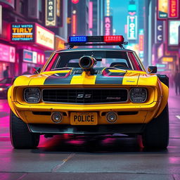 A yellow 1969 Chevy Camaro with a battle-worn look, featuring bold black accents and a striking cyberpunk aesthetic