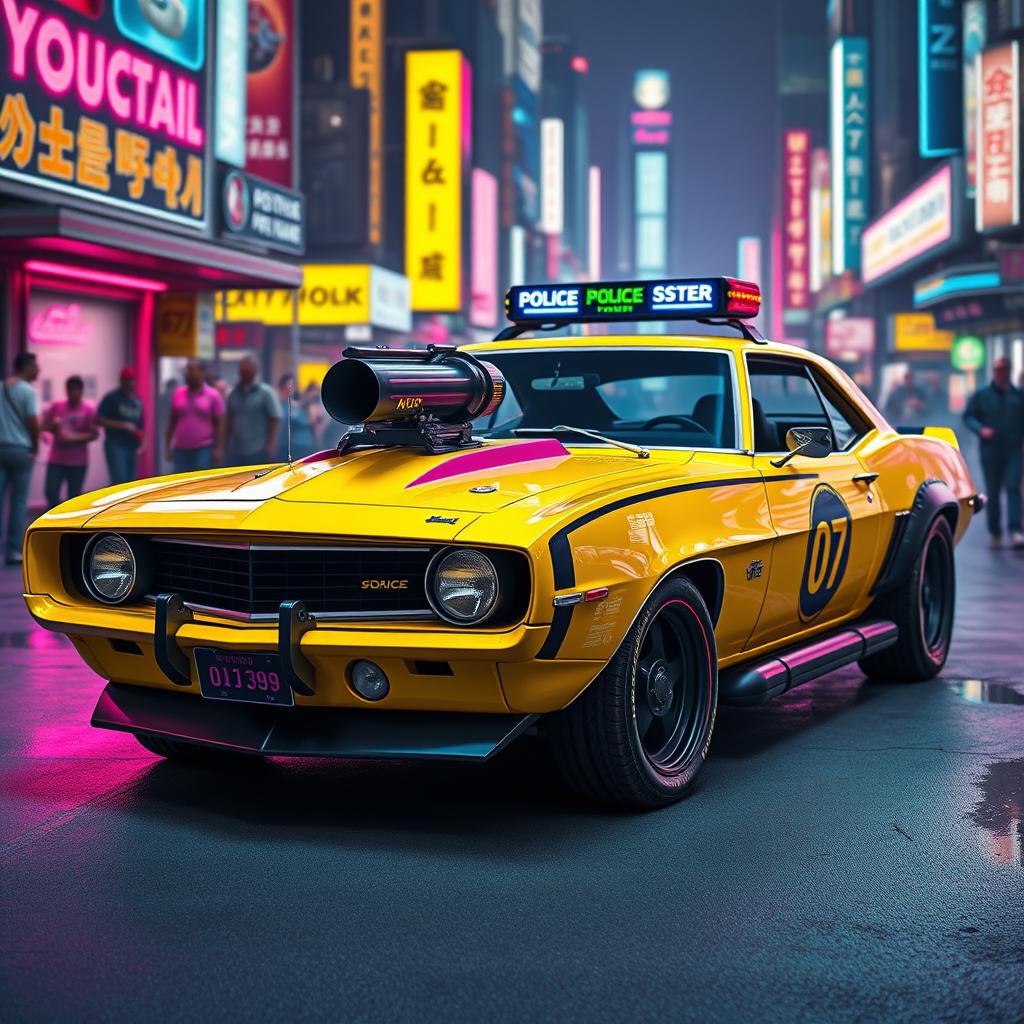 A yellow 1969 Chevy Camaro with a battle-worn look, featuring bold black accents and a striking cyberpunk aesthetic