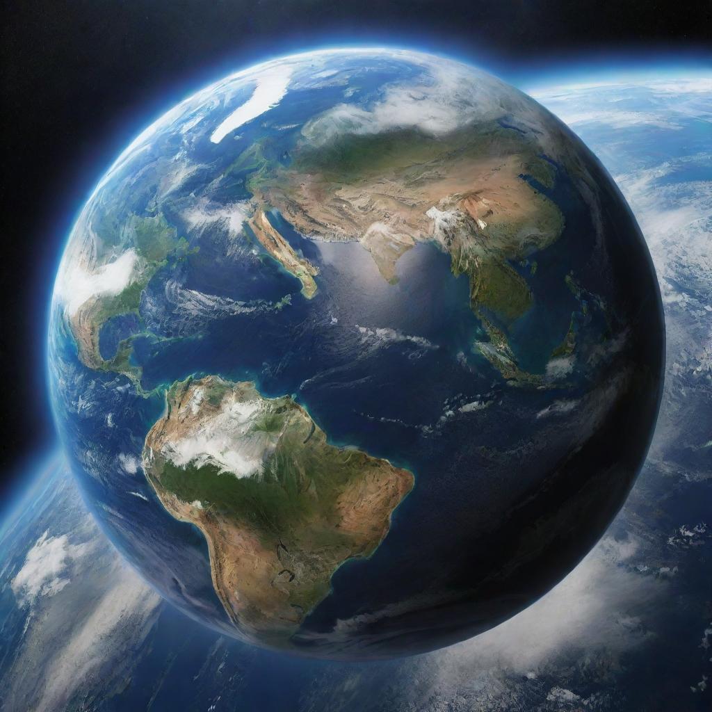 A detailed, realistic representation of planet Earth, featuring oceans, continents, and clouds from outer space.