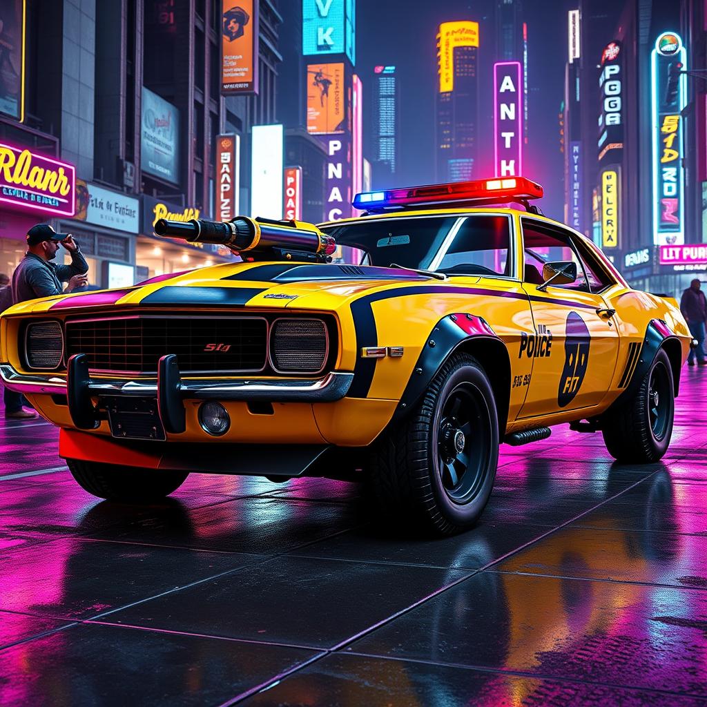 A yellow 1969 Chevy Camaro with a battle-worn look, featuring bold black accents and a striking cyberpunk aesthetic